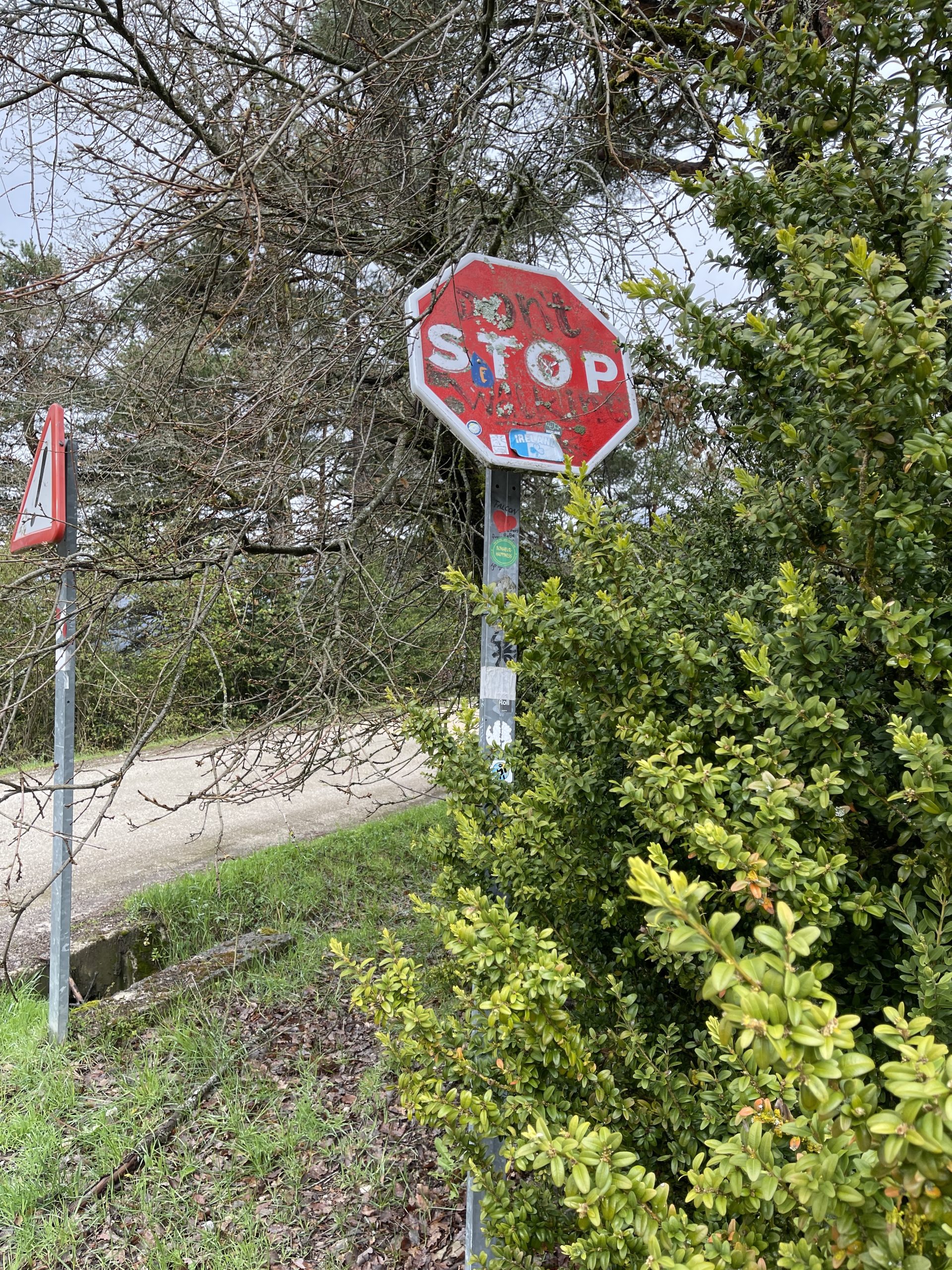 Segnale di stop “camino like”, espressione di un americano che me l’ha fatta notare. Non si legge facilmente ma c’è scritto “don’t” prima e “walking” dopo la parola “stop”