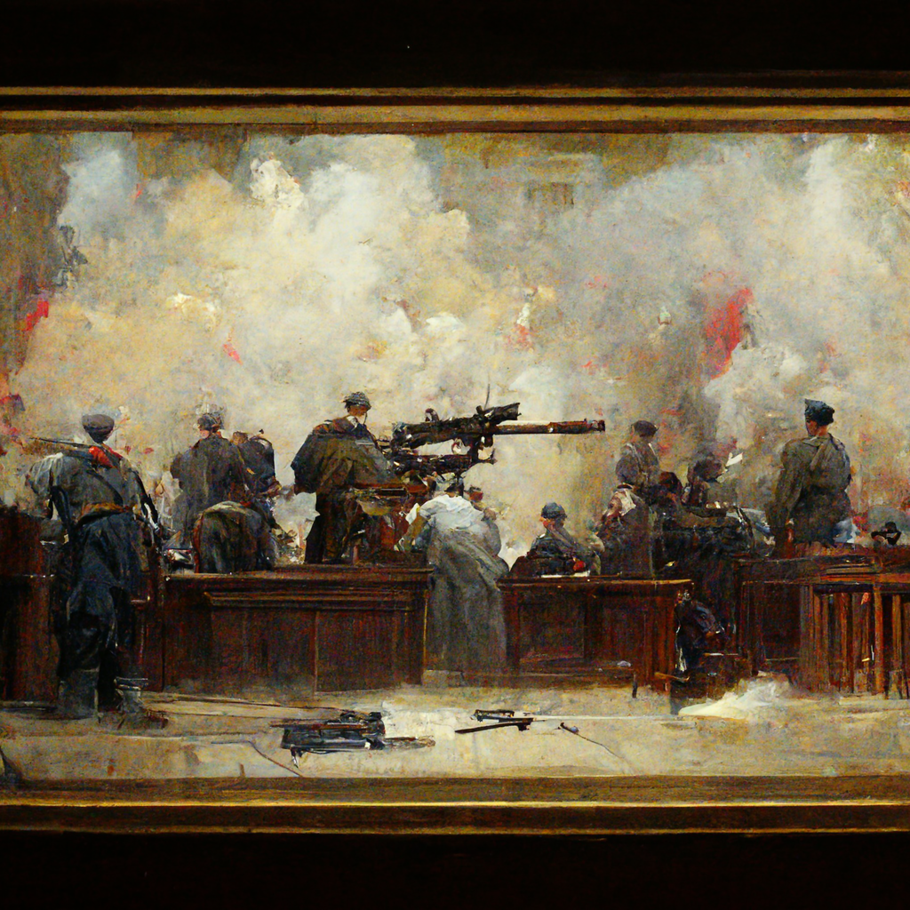 creato da Midjourney in base al testo "Machine gun shooting at the Constitution"
